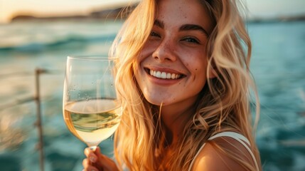 A woman is smiling and holding a glass of wine