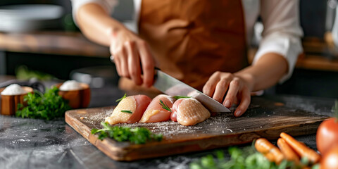 man hand cutting raw chicken on wooden cutting board, uncooking chicken meat, Healthy food, Generative AI - Powered by Adobe
