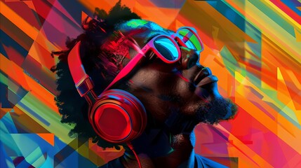 An African man wearing headphones and glasses in a vibrant abstract art style. Vibrant in style, this image tells a story about the fun side of music that knows no race.