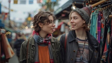 Obraz premium Two young women are walking down a street, talking and laughing