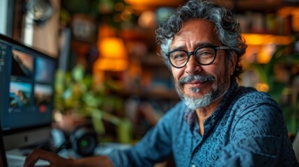 middle-aged latino man joining a virtual team meeting from his home office with a dual-monitor setup and organized workspace, embracing remote work