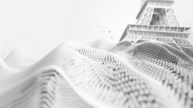 Abstract Eiffel Tower in grayscale, digital art, fine detailed, blurred background, artistically textured, modern design