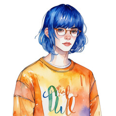 Watercolor Painting Illustration Transparent .PNG of Turk LGBTQ+ Thin-legged body Cobalt Blue hair Curtain Bangs celebrating pride wearing Tangerine Queer long-sleeve shirt