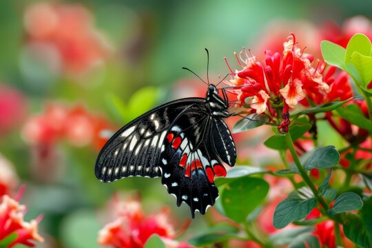 Stunning black butterfly with red spots rests on a blooming red flower