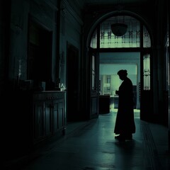 a dark and ominous vestibule with a shadowy receptionist in the corner