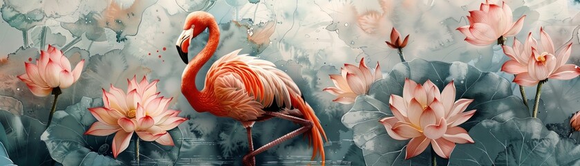 A flamingo amidst lotus blooms, using vibrant watercolor hues