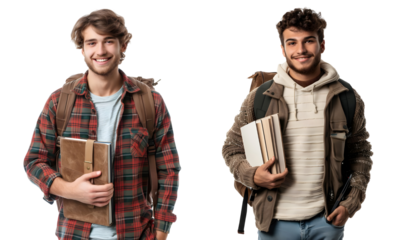 Pair of Cheerful Young Students with books and Backpack Isolated, Youth Education Concept