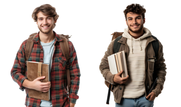 Pair of Cheerful Young Students with books and Backpack Isolated, Youth Education Concept