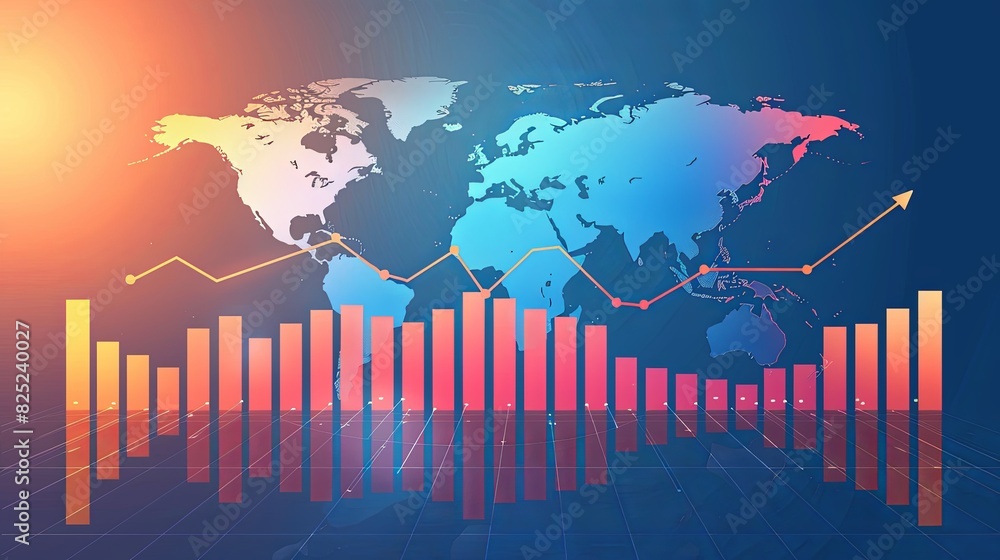 Poster global financial growth chart with rising values against world map background
