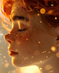 Create an ethereal portrait of a young woman with freckles and red hair, her eyes closed and face serene