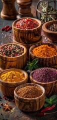 Fototapeta premium Assorted colorful spices in wooden bowls on a rustic wooden table, showcasing vibrant textures and flavors in a culinary setting.