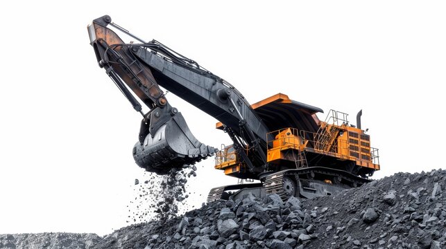 a giant mining escavator dropping a pile of rocks, isolated on a white background