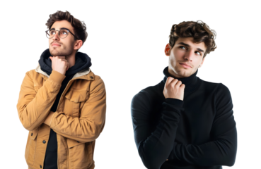 Pair of Thoughtful Young Man Isolated on Transparent Background, Idea Generation Concept
