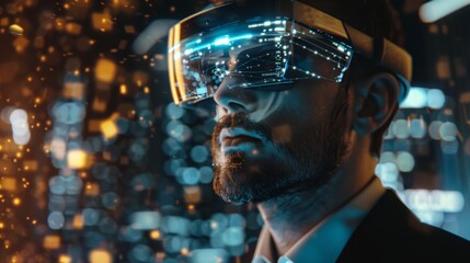 A businessman using augmented reality glasses.