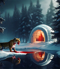  Leopard Jaguar in Igloo surreal winter Wallpaper Background Generative AI