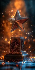 Golden star trophy with intricate details, set against a backdrop of sparkling lights, representing excellence and achievement.