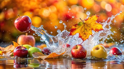 Close up of fresh fruit splashing in water with autumn leaves in the background