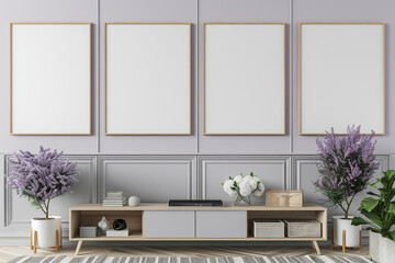 Four blank horizontal poster frames in a Scandinavian style living room with a light lavender and gray color palette. Frames are staggered above a low-profile entertainment unit.