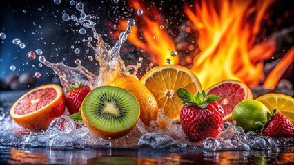 Fresh fruit splashing in water with lava background, close up