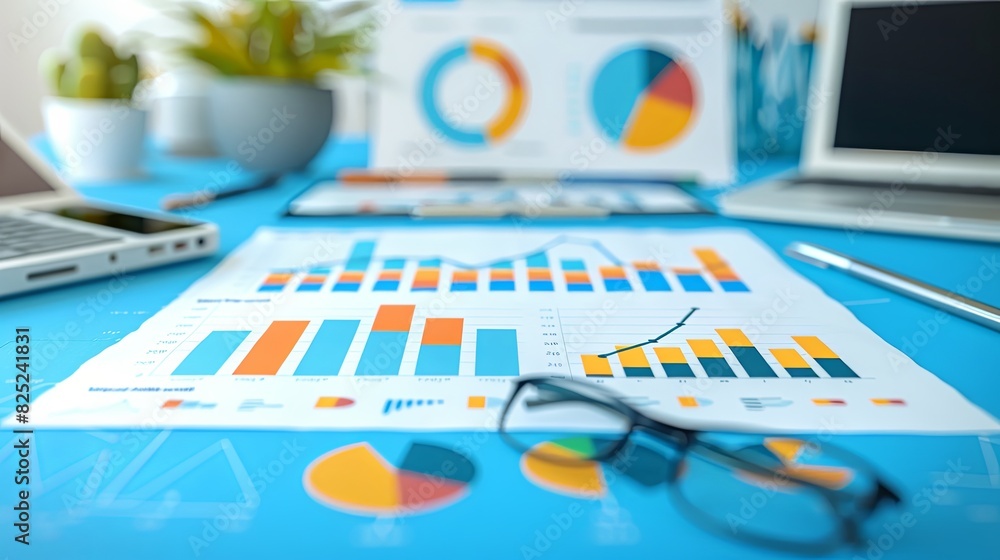 Poster financial analysis report with dynamic charts and growing line graph on blue background