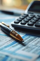 Close-up view of a financial calculator with a pen resting on top of a piece of paper, depicting a finance-related workspace