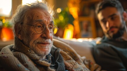 Obraz premium elderly care relationship, a peaceful senior man in a home, receiving daily care from a dedicated caregiver, surrounded by cherished photos on the nightstand