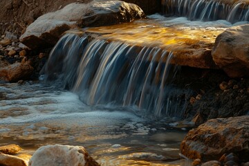 Warm sunlight illuminates a small tranquil waterfall over rocks