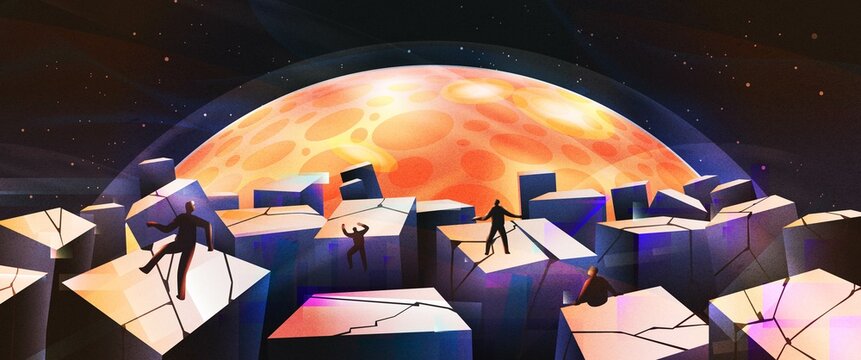 Futuristic world with people's silhouettes on skyscraper, moon shine