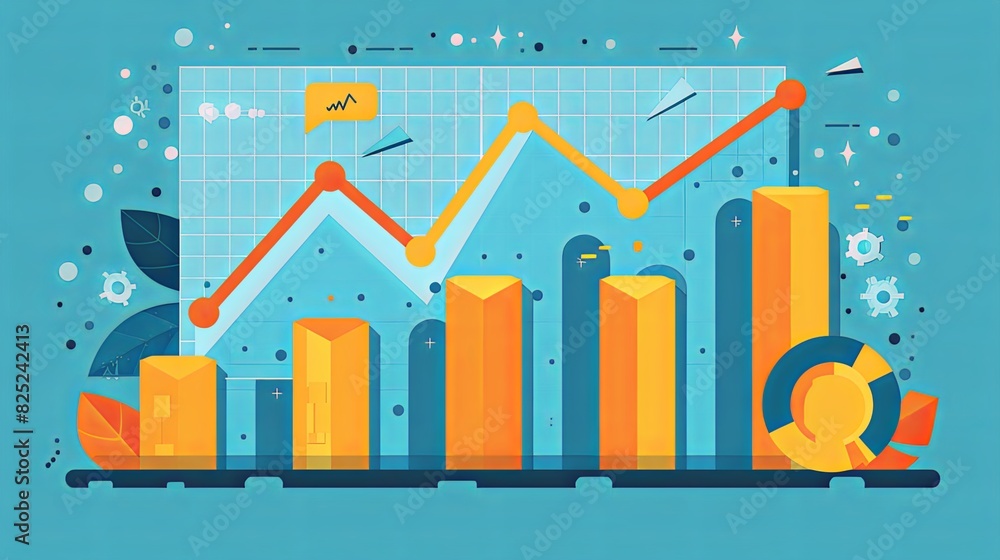 Aufkleber financial analysis report with dynamic charts and growing line graph on blue background
