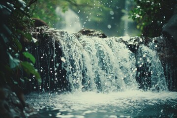 Serene and tranquil enchanted forest waterfall surrounded by lush greenery, misty cascading water, and vibrant flora in a pristine and refreshing natural environment