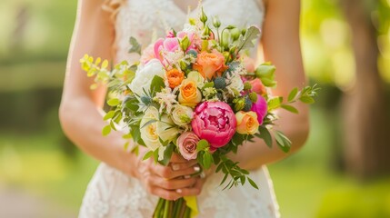 Photo of a bride holding a vibrant bouquet of pink, orange, and white flowers with lush greenery, set against a bright and sunny outdoor background.