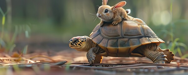 Fast Turtle with a Rabbit Passenger on Its Back