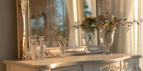 Southern Belle Desk: An elegant desk designed for a female professional, featuring delicate floral accents, a crystal vase and a framed mirror, evoking the grace and beauty of Southern womanhood