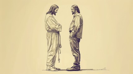 Obraz premium Jesus Standing Beside a Person Facing a Difficult Decision, Offering Guidance, Biblical Illustration of Support and Wisdom