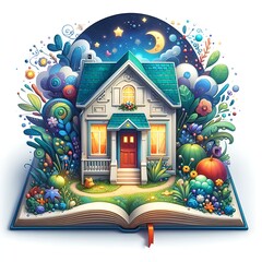A 3D pop up paper on page of  house with intricate nature night landscape on white background graphic illustration generative ai