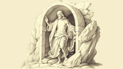 Fototapeta premium A Depiction of the Resurrection, with Jesus Emerging from the Tomb, Biblical Illustration of Triumph and New Life