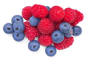 Berry  mix isolated on white background. Fresh raspbery and blueberry closeup. Top view. Flat lay