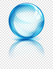 Large translucent sphere in light blue colors with reflection, glares and shadow on transparent background. Vector illustration for design projects and creative works