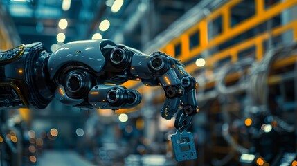 Fototapeta premium Futuristic robot hand holding a key card in a factory setting