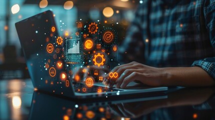 Strategic Digital Marketing Businessman Working on Laptop with Office Backdrop â€“ Online Advertising, Social Media, Technology Development Concepts