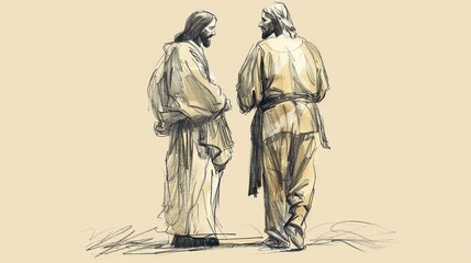 Obraz premium Jesus Standing Beside a Person Facing a Difficult Decision, Offering Guidance, Biblical Illustration of Support and Wisdom