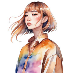 Watercolor Painting Illustration Transparent .PNG of Chinese LGBTQ+ Skinny body Rose Gold hair Side-Swept Bangs celebrating pride wearing Gold Two-spirit button-down shirt