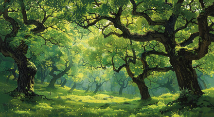 A lush green forest with trees and grass