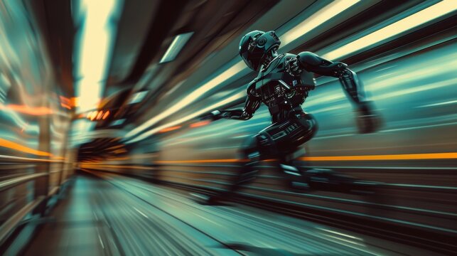 Futuristic robot running through a tunnel for a sci-fi technology concept