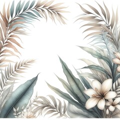 Abstract natural exotic tropical leaves and flowers frame pattern in watercolor style isolated on white background graphic illustration wallpaper image generative ai