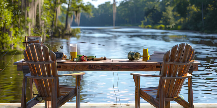 Ol' Man River Desk: An executive desk overlooking a river or lake, complete with fishing gear and a pair of comfortable chairs, symbolizing the close connection Southerners have with their