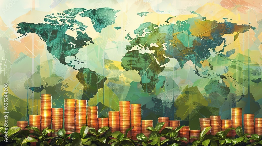Poster global financial growth chart with rising values on background of world map