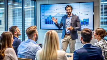 Startup Founder Pitching: An entrepreneur passionately presenting a business pitch, with a background of investors and a presentation screen.
