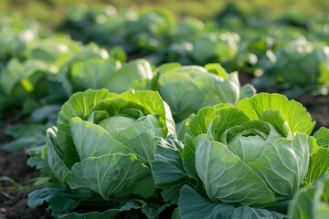 Vibrant green cabbage heads thriving in a sunlit agricultural field