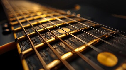 Fototapeta premium Close-up image of a guitar fretboard with golden strings, highlighting the intricate details and craftsmanship of the musical instrument.
